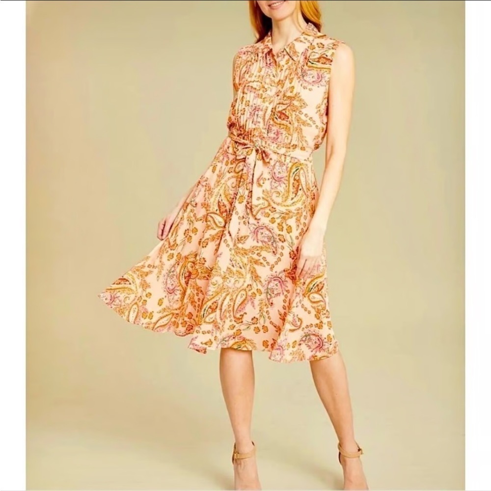 Nanette Lepore Pink Cream Paisley Collared Button Down Midi Belted Dress Size 8